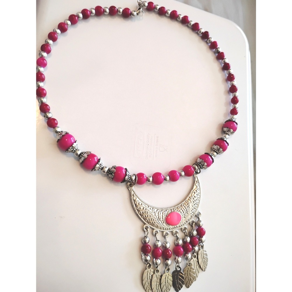 💗Vintage Silver Crescent Moon Necklace 925 Alpaca Boho Festival Choker Tassel